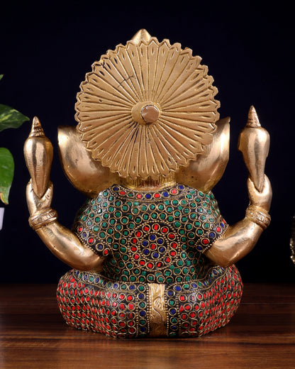 Brassaura® Brass Lord Ganesha Idol with Stone Inlay & Decorative Rings | Height 7.5 Inches & Weight 3.6 Kgs