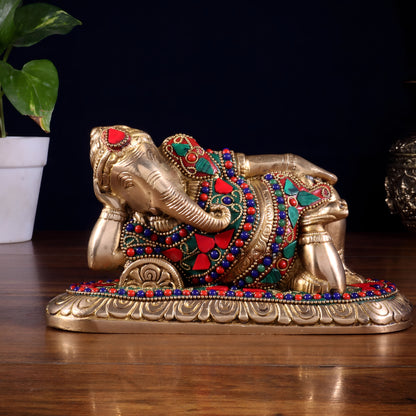 Brassaura™ Brass Resting Lord Ganesha Statue with Floral Stonework | Height 4 Inches & Weight 2.2 Kgs