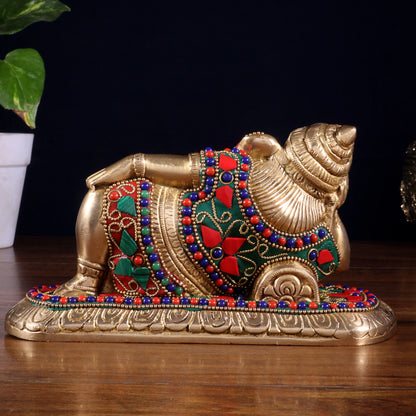 Brassaura™ Brass Resting Lord Ganesha Statue with Floral Stonework | Height 4 Inches & Weight 2.2 Kgs
