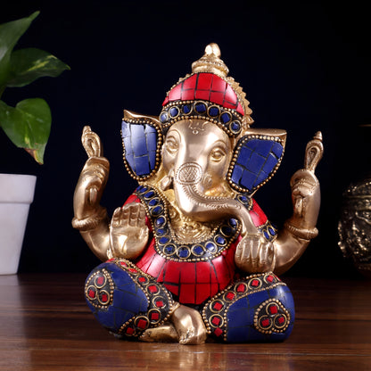 Brassaura™ Brass Ganesha Idol with Meenakari Stonework | Height 6 Inches & Weight 1.8 Kgs