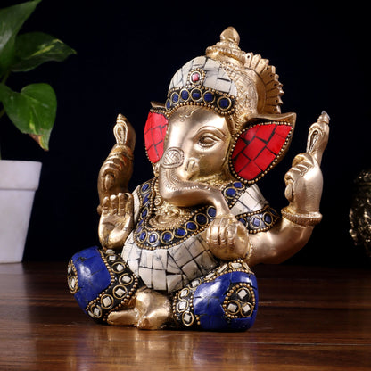 Brassaura™ Brass Ganesha Idol with Meenakari Stonework | Height 6 Inches & Weight 1.8 Kgs