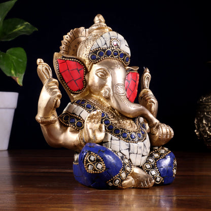 Brassaura™ Brass Ganesha Idol with Meenakari Stonework | Height 6 Inches & Weight 1.8 Kgs