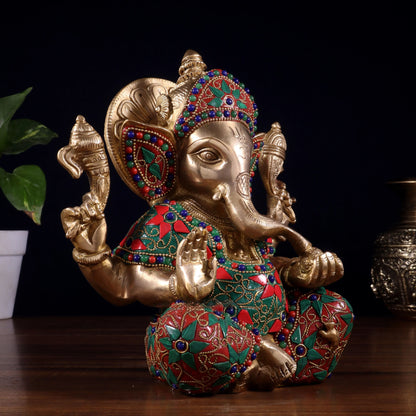 Brassaura™ Brass Taj Ganesha Idol with Stonework | Height 8 Inches & Weight 3 Kgs
