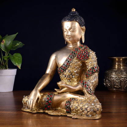 Brassaura™ Pure Brass Lord Buddha Statue with Nepalese Stone Inlay | Handcrafted Spiritual Décor | Weight 4.1 Kgs | Height 10.5 Inches
