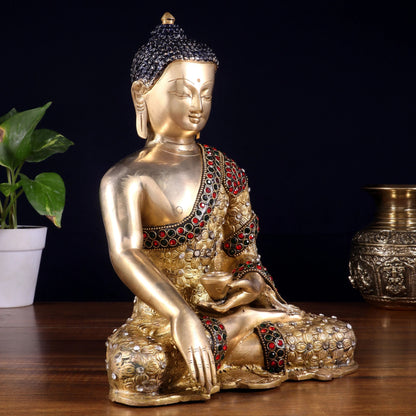 Brassaura™ Pure Brass Lord Buddha Statue with Nepalese Stone Inlay | Handcrafted Spiritual Décor | Weight 4.1 Kgs | Height 10.5 Inches