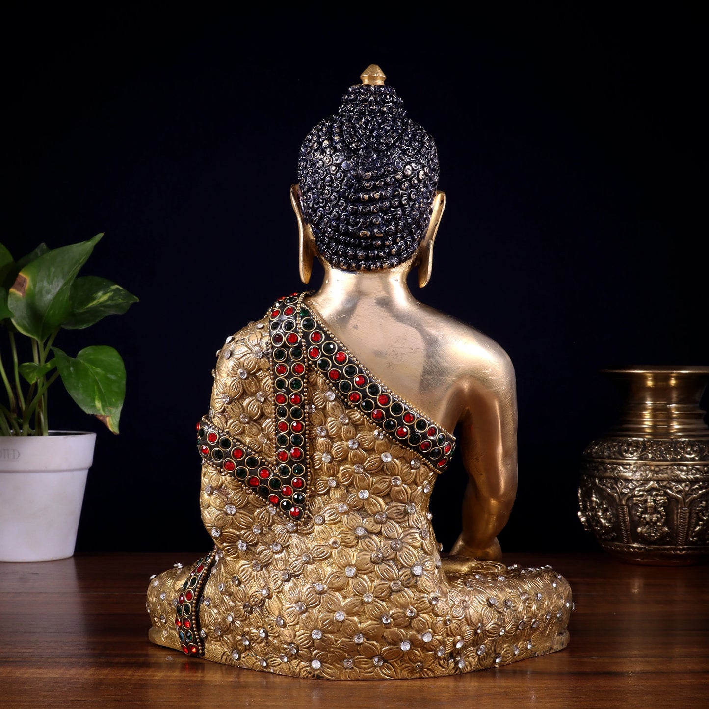 Brassaura™ Pure Brass Lord Buddha Statue with Nepalese Stone Inlay | Handcrafted Spiritual Décor | Weight 4.1 Kgs | Height 10.5 Inches