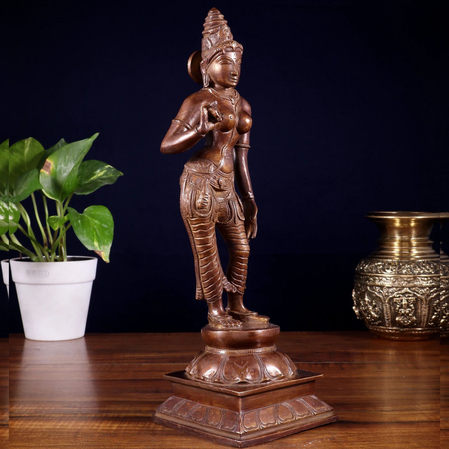 Brassaura™ Standing Devi Parvati Uma Idol | Pure Brass with Vintage Chola Bronze Finish | Height 10 Inches & Weight 2.5 Kgs