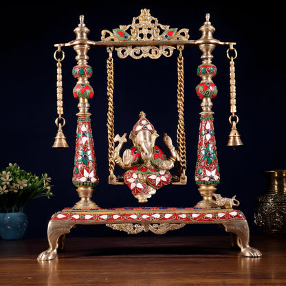 Brassaura® Pure Brass Superfine Lord Ganesha on Swing (Jhoola) with Meenakari Stonework | Height 16 Inches