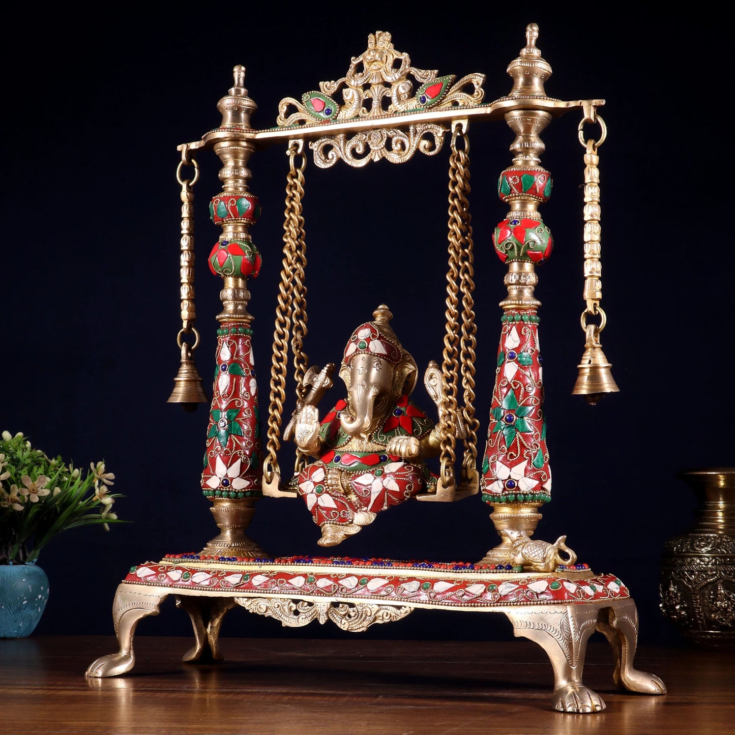 Brassaura® Pure Brass Superfine Lord Ganesha on Swing (Jhoola) with Meenakari Stonework | Height 16 Inches
