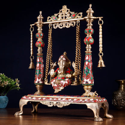 Brassaura® Pure Brass Superfine Lord Ganesha on Swing (Jhoola) with Meenakari Stonework | Height 16 Inches