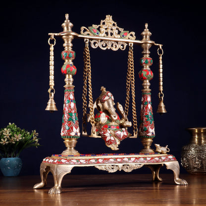 Brassaura® Pure Brass Superfine Lord Ganesha on Swing (Jhoola) with Meenakari Stonework | Height 16 Inches