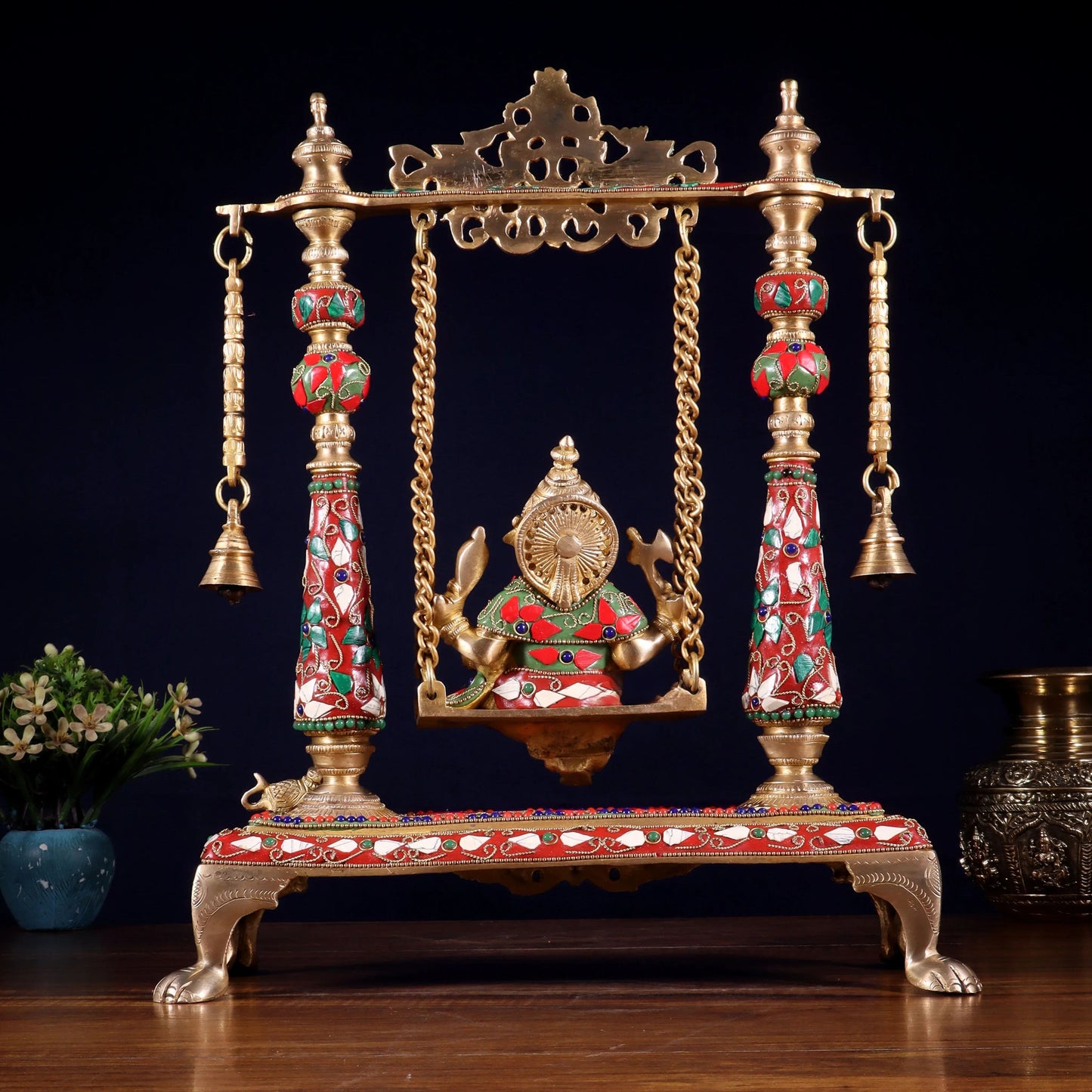 Brassaura® Pure Brass Superfine Lord Ganesha on Swing (Jhoola) with Meenakari Stonework | Height 16 Inches