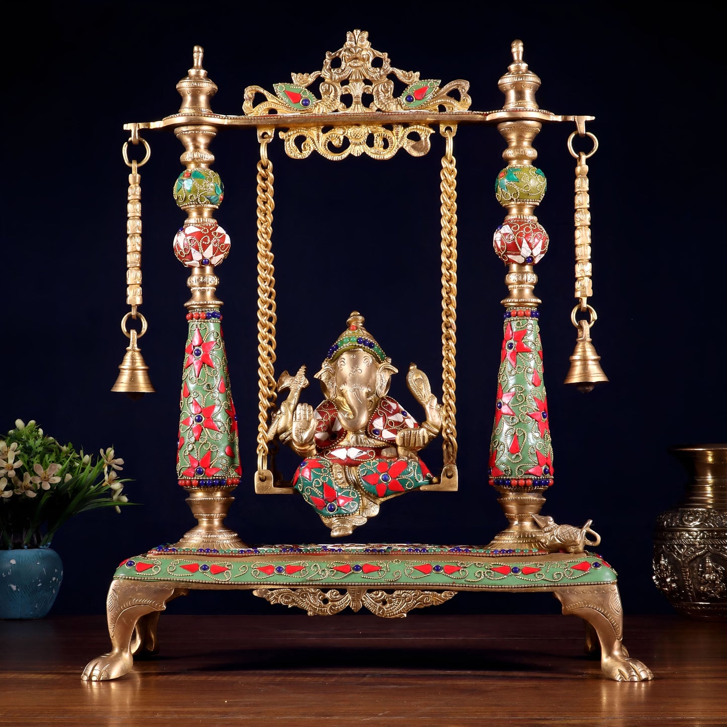 Brassaura® Pure Brass Superfine Lord Ganesha on Swing (Jhoola) | Height 16 Inches