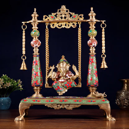 Brassaura® Pure Brass Superfine Lord Ganesha on Swing (Jhoola) | Height 16 Inches