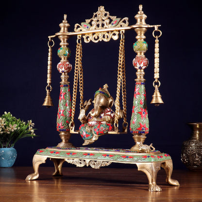 Brassaura® Pure Brass Superfine Lord Ganesha on Swing (Jhoola) | Height 16 Inches