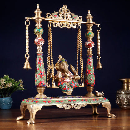 Brassaura® Pure Brass Superfine Lord Ganesha on Swing (Jhoola) | Height 16 Inches