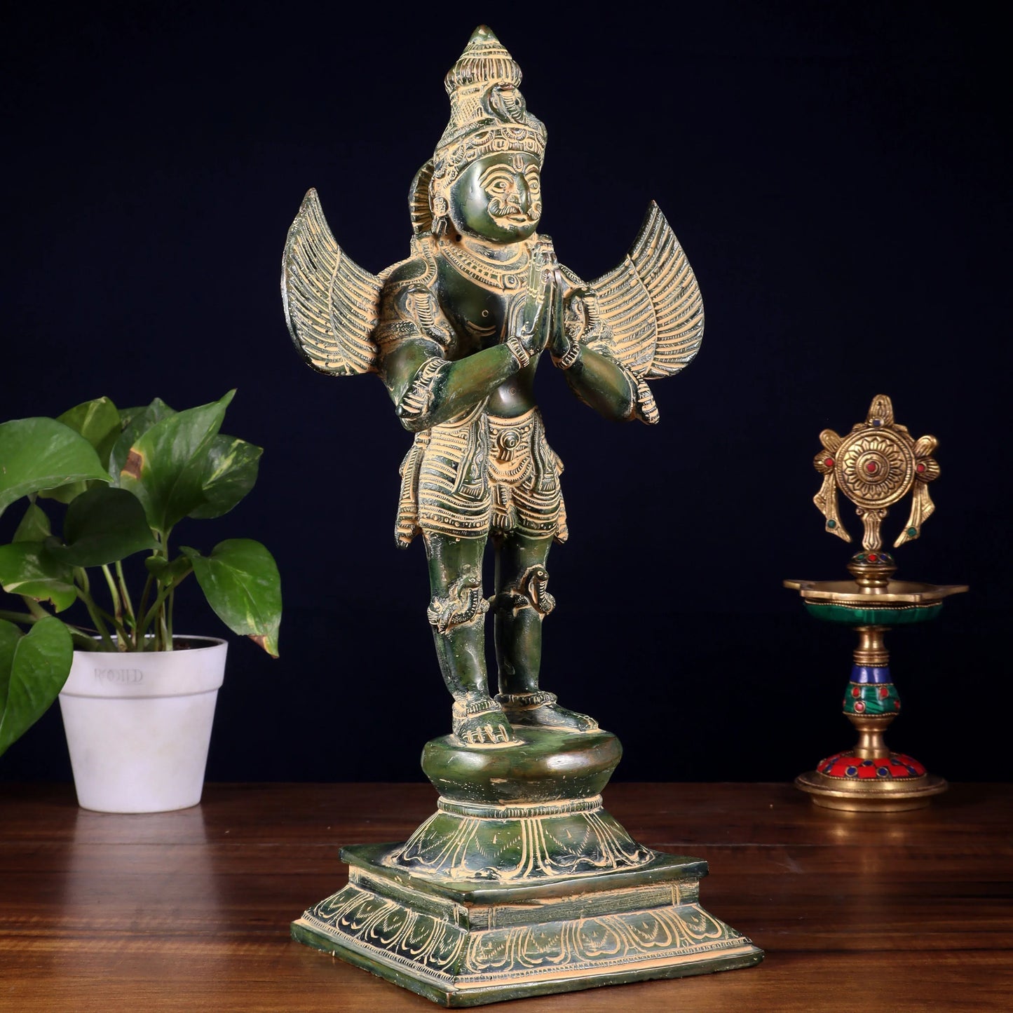 Brassaura™ Pure Brass Garuda Statue with Vintage Green Sand Patina | Traditional Indian Collectible | Weight 5.2 Kgs | Height 15.5 Inches