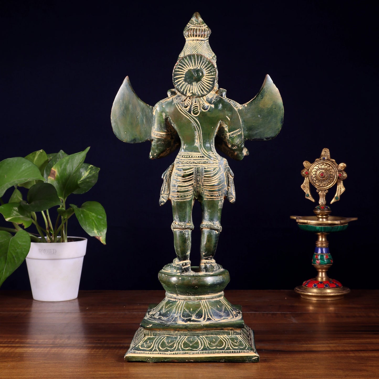 Brassaura™ Pure Brass Garuda Statue with Vintage Green Sand Patina | Traditional Indian Collectible | Weight 5.2 Kgs | Height 15.5 Inches