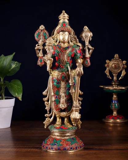 Brassaura™ Lord Vishnu with Meenakari Stone Inlay | Pure Brass Handcrafted Statue | Height 12 Inches & Weight 4 Kgs