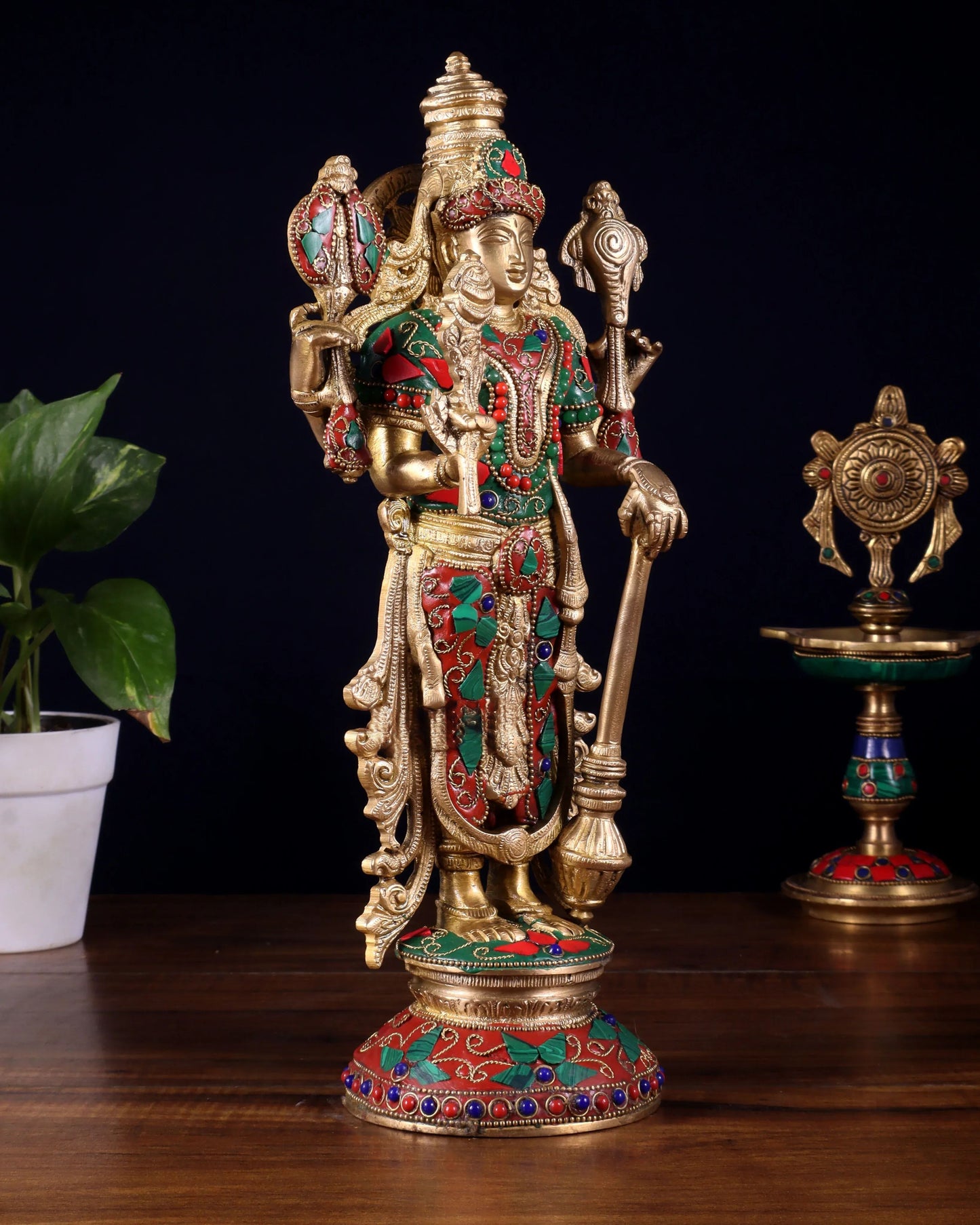 Brassaura™ Lord Vishnu with Meenakari Stone Inlay | Pure Brass Handcrafted Statue | Height 12 Inches & Weight 4 Kgs