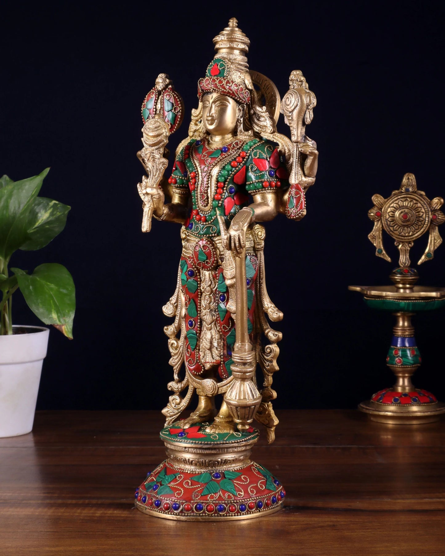 Brassaura™ Lord Vishnu with Meenakari Stone Inlay | Pure Brass Handcrafted Statue | Height 12 Inches & Weight 4 Kgs