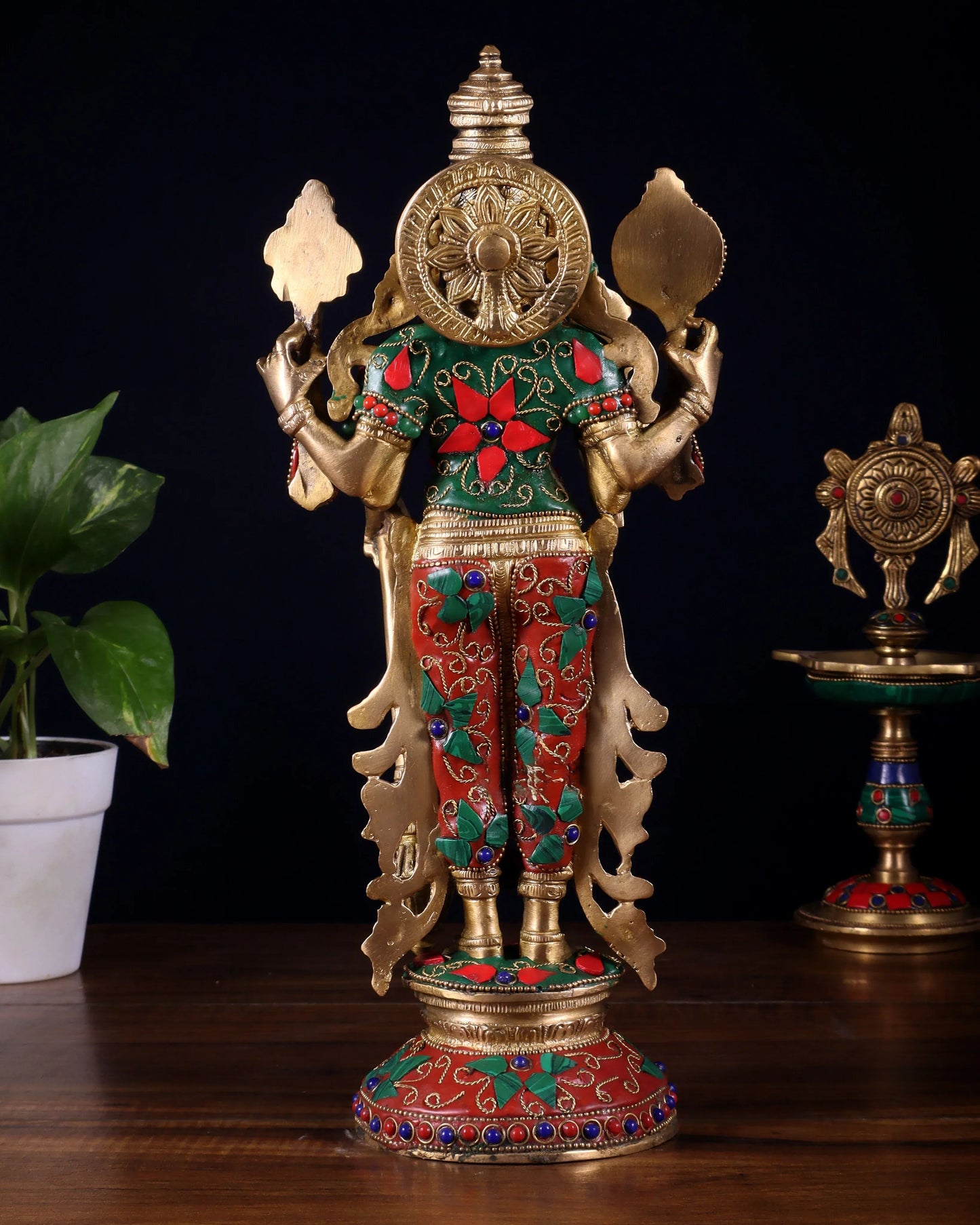 Brassaura™ Lord Vishnu with Meenakari Stone Inlay | Pure Brass Handcrafted Statue | Height 12 Inches & Weight 4 Kgs