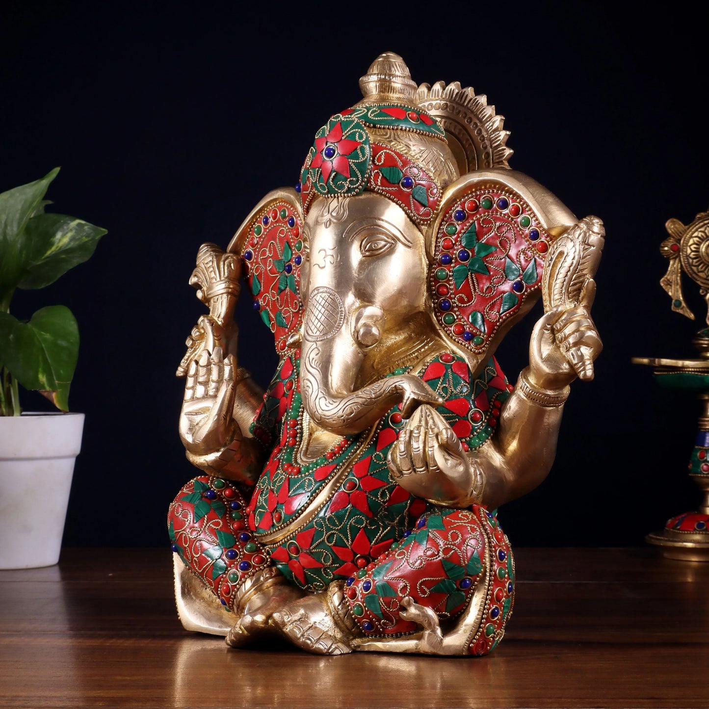 Brassaura™ Brass Lord Ganesha Statue with Meenakari Stonework & Big Ears | Height 10 Inches & Weight 5.15 Kgs