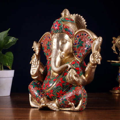 Brassaura™ Brass Lord Ganesha Statue with Meenakari Stonework & Big Ears | Height 10 Inches & Weight 5.15 Kgs