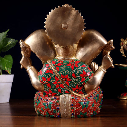 Brassaura™ Brass Lord Ganesha Statue with Meenakari Stonework & Big Ears | Height 10 Inches & Weight 5.15 Kgs
