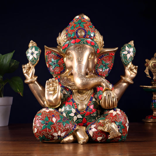 Brassaura™ Brass Crown Ganesha Statue with Meenakari Stonework | Height 13 Inches & Weight 9.5 Kgs