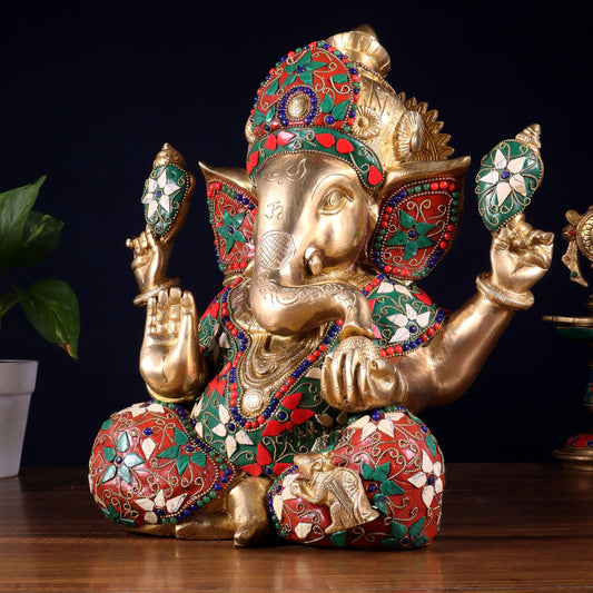 Brassaura™ Brass Crown Ganesha Statue with Meenakari Stonework | Height 13 Inches & Weight 9.5 Kgs