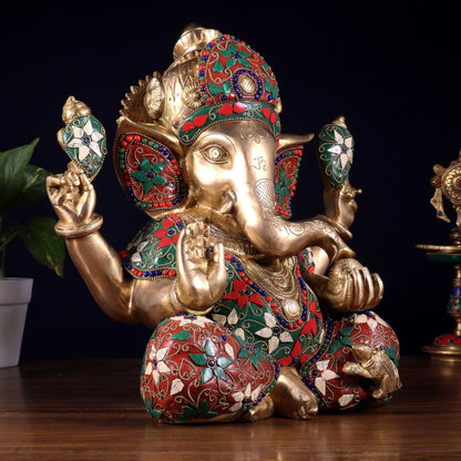 Brassaura™ Brass Crown Ganesha Statue with Meenakari Stonework | Height 13 Inches & Weight 9.5 Kgs