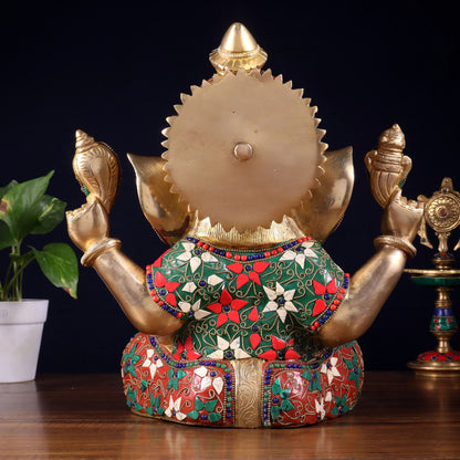 Brassaura™ Brass Crown Ganesha Statue with Meenakari Stonework | Height 13 Inches & Weight 9.5 Kgs