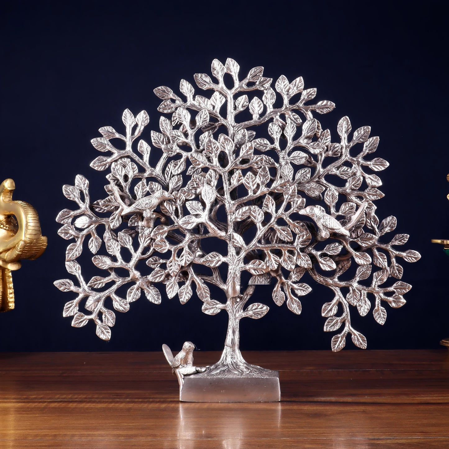 Brassaura™ Pure Brass Handcrafted Kalpavriksha Tree with Birds | Silver-Plated Alamaram Tree | Weight 2 Kgs | Height 11 Inches