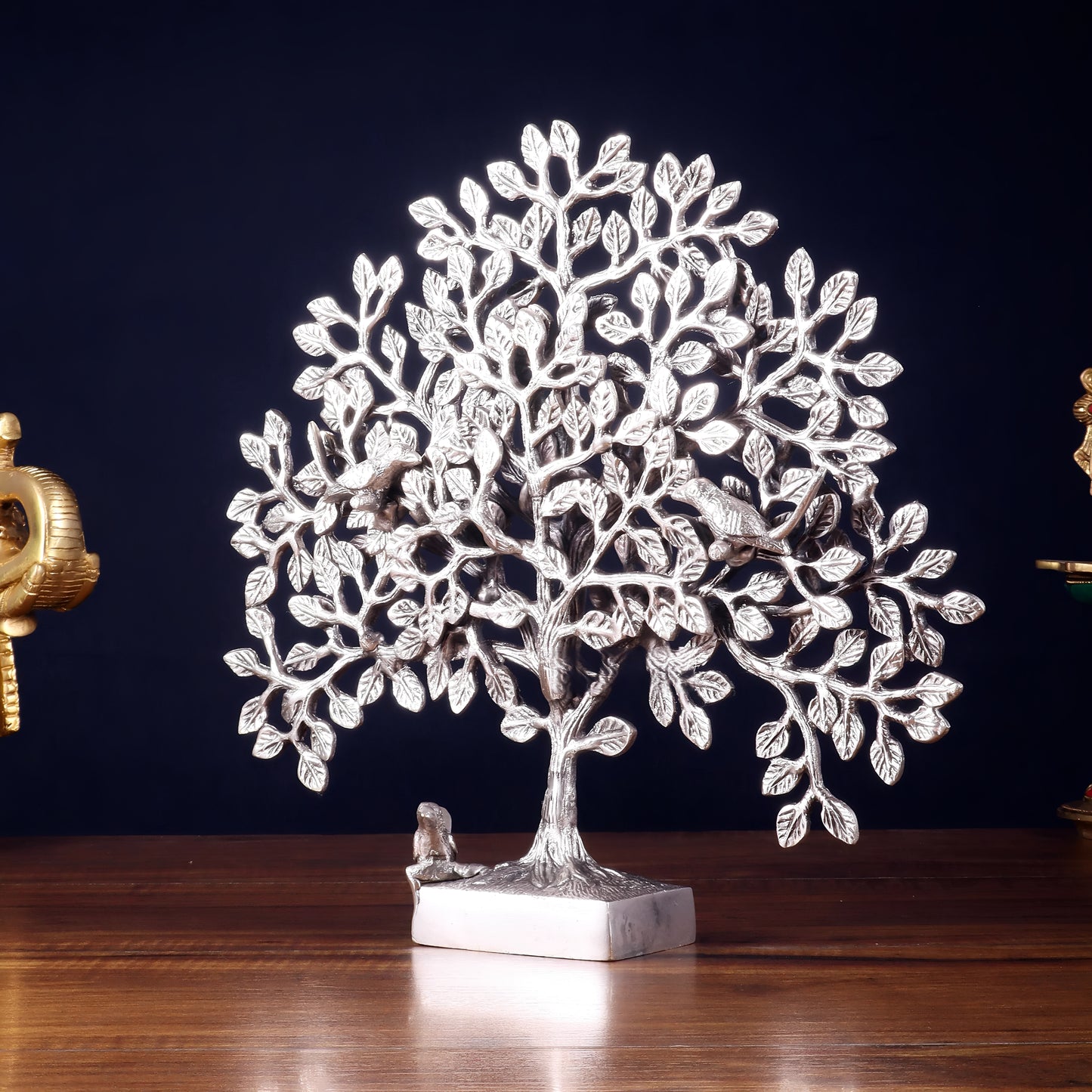 Brassaura™ Pure Brass Handcrafted Kalpavriksha Tree with Birds | Silver-Plated Alamaram Tree | Weight 2 Kgs | Height 11 Inches