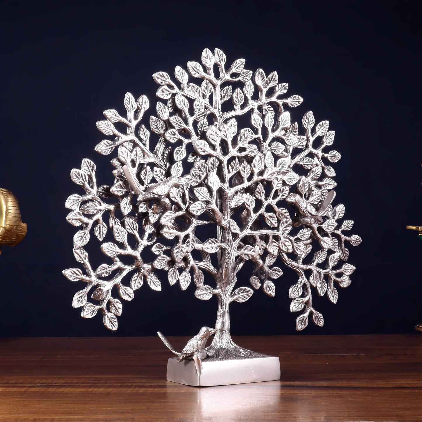 Brassaura™ Pure Brass Handcrafted Kalpavriksha Tree with Birds | Silver-Plated Alamaram Tree | Weight 2 Kgs | Height 11 Inches