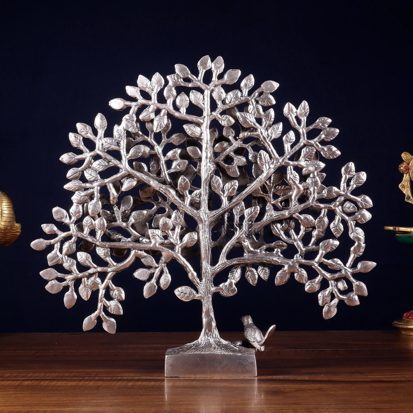 Brassaura™ Pure Brass Handcrafted Kalpavriksha Tree with Birds | Silver-Plated Alamaram Tree | Weight 2 Kgs | Height 11 Inches