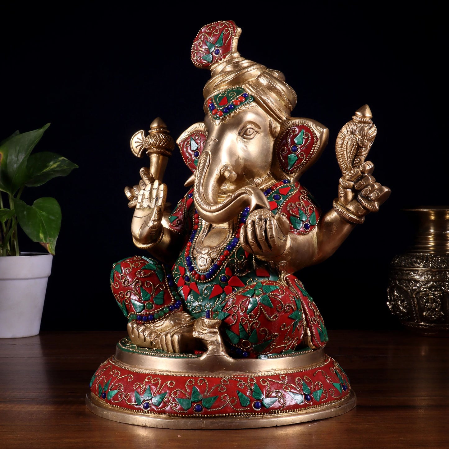 Brassaura™ Pagadi Ganesha Statue with Floral Stonework | Height 11.5 Inches & Weight 8 Kgs