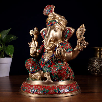 Brassaura™ Pagadi Ganesha Statue with Floral Stonework | Height 11.5 Inches & Weight 8 Kgs