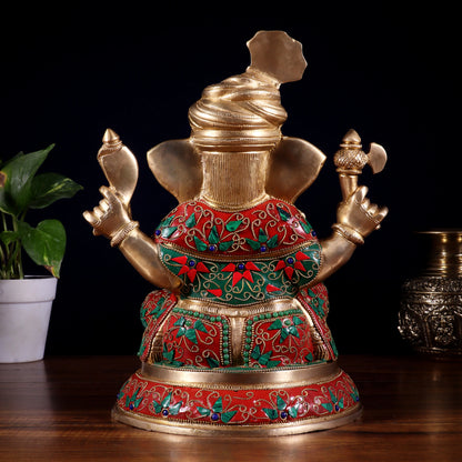 Brassaura™ Pagadi Ganesha Statue with Floral Stonework | Height 11.5 Inches & Weight 8 Kgs