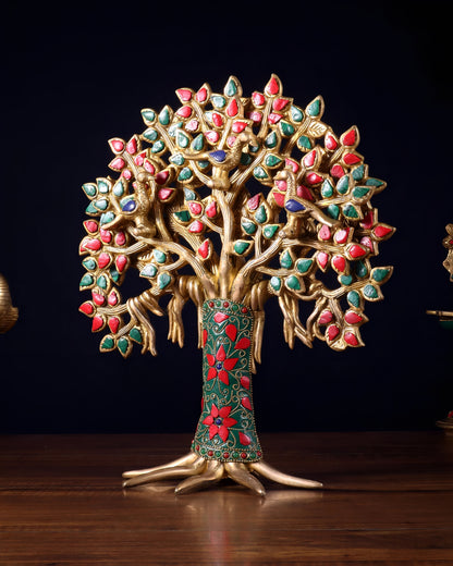 Brassaura™ Brass Kalpavriksha Tree of Life with Birds | Meenakari Stone Work Table Showpiece | Weight 2.52 Kgs | Height 12 Inches
