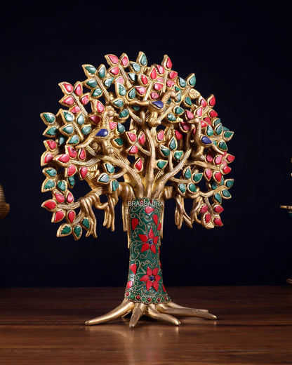 Brassaura™ Brass Kalpavriksha Tree of Life with Birds | Meenakari Stone Work Table Showpiece | Weight 2.52 Kgs | Height 12 Inches