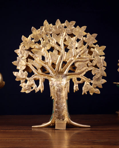 Brassaura™ Brass Kalpavriksha Tree of Life with Birds | Meenakari Stone Work Table Showpiece | Weight 2.52 Kgs | Height 12 Inches