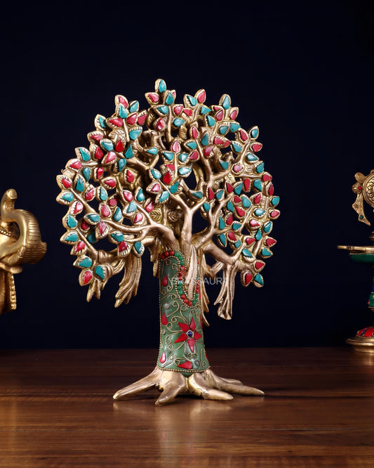 Brassaura™ Pure Brass Handcrafted Kalpavriksha Tree | Tabletop Tree of Life Showpiece | Weight 2 Kgs | Height 11 Inches