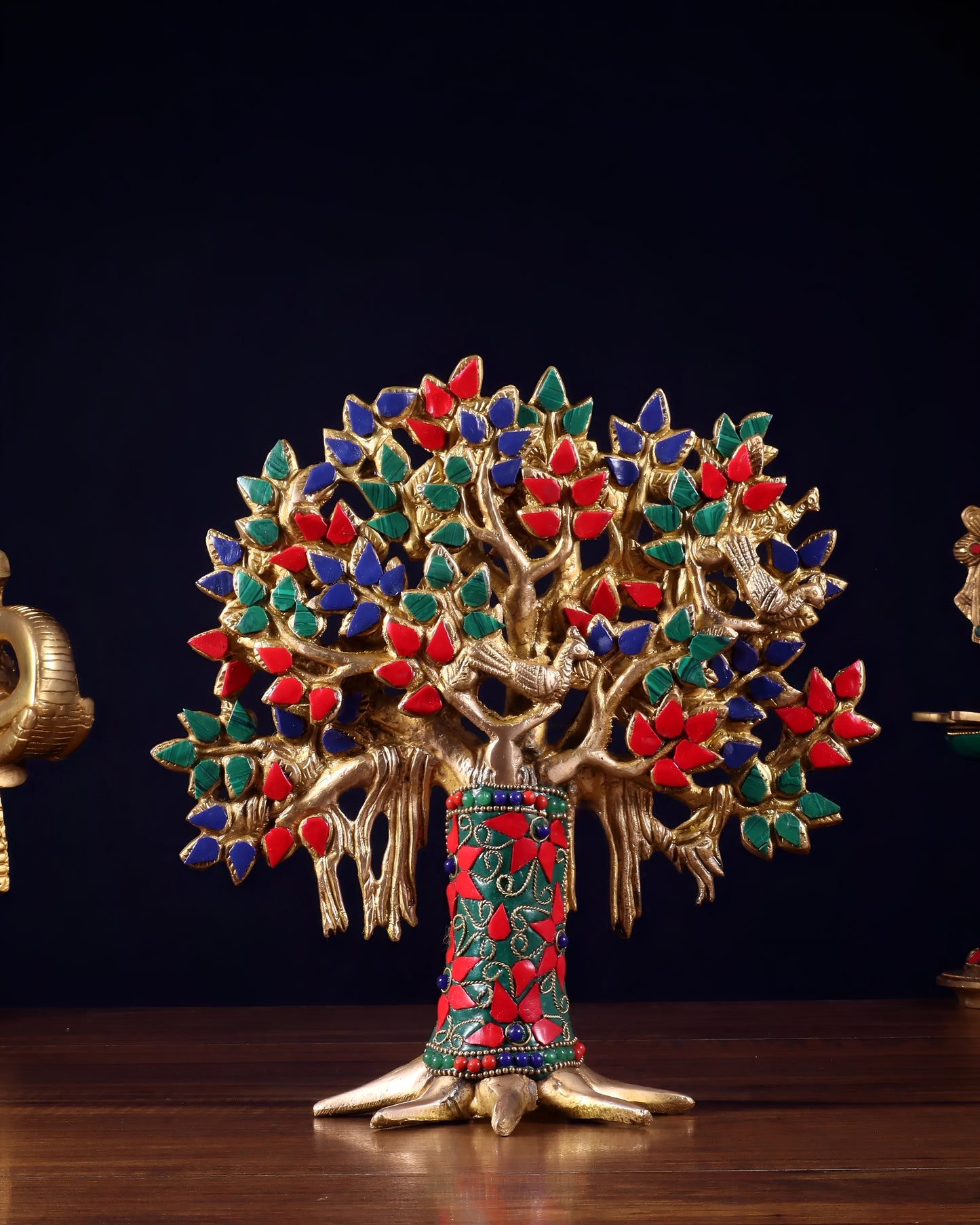 Brassaura™ Pure Brass Handcrafted Kalpavriksha Tree with Stonework | Tabletop Tree of Life Showpiece | Weight 1.2 Kgs | Height 9.5 Inches