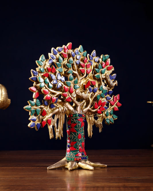 Brassaura™ Pure Brass Handcrafted Kalpavriksha Tree with Stonework | Tabletop Tree of Life Showpiece | Weight 1.2 Kgs | Height 9.5 Inches