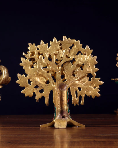 Brassaura™ Pure Brass Handcrafted Kalpavriksha Tree with Stonework | Tabletop Tree of Life Showpiece | Weight 1.2 Kgs | Height 9.5 Inches