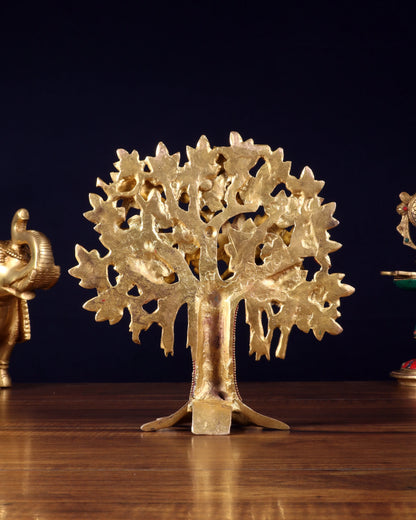 Brassaura™ Pure Brass Handcrafted Kalpavriksha Tree with Stonework | Tabletop Tree of Life Showpiece | Weight 1.2 Kgs | Height 9.5 Inches