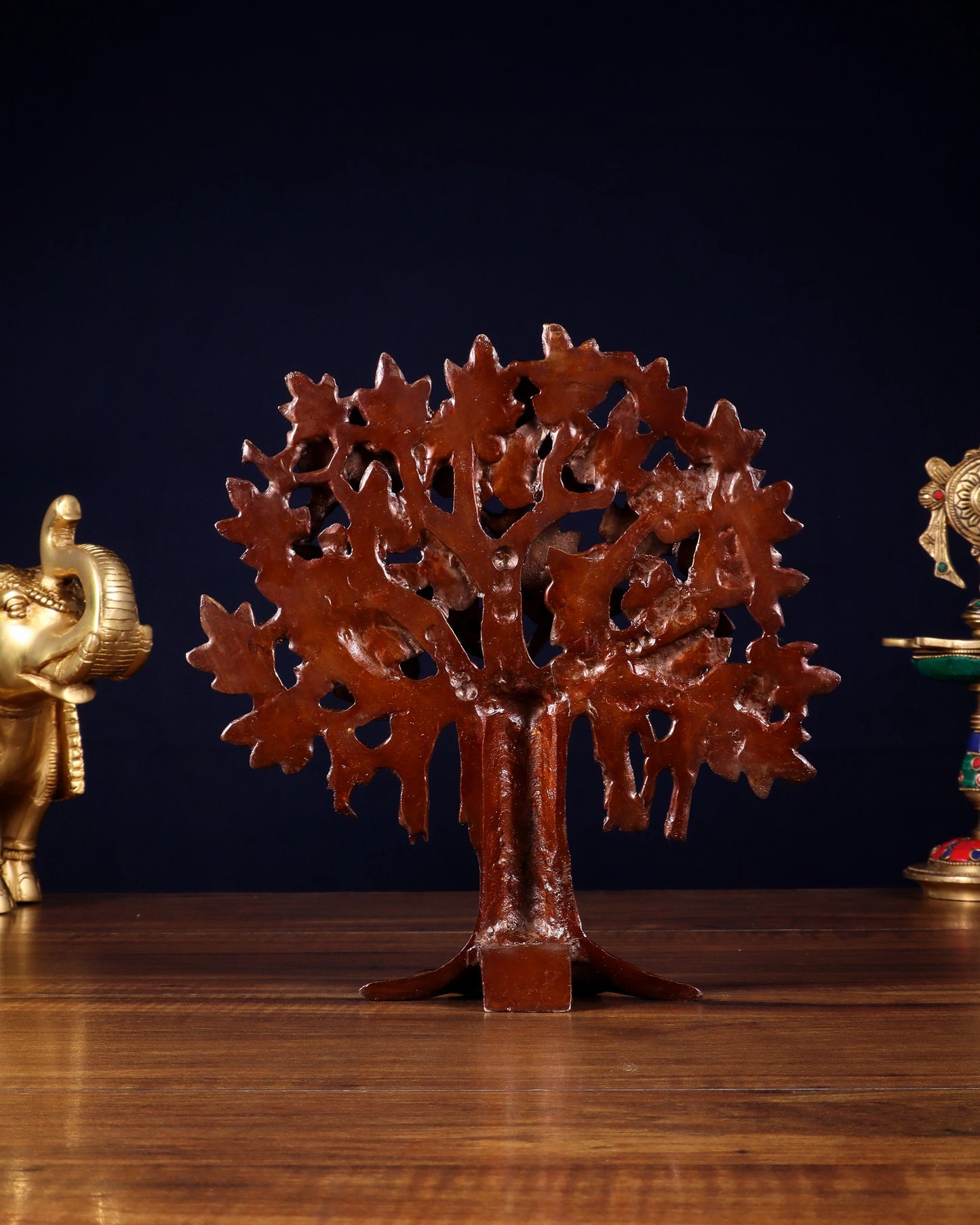 Brassaura™ Pure Brass Handcrafted Kalpavriksha Tree in Vintage Tone | Tabletop Tree of Life Showpiece | Weight 1.2 Kgs | Height 9.5 Inches