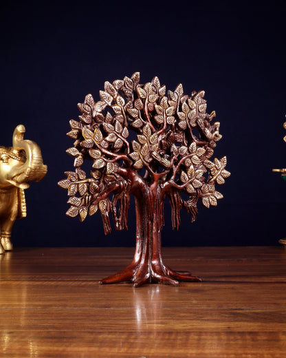 Brassaura™ Pure Brass Handcrafted Kalpavriksha Tree in Vintage Tone | Tabletop Tree of Life Showpiece | Weight 1.2 Kgs | Height 9.5 Inches